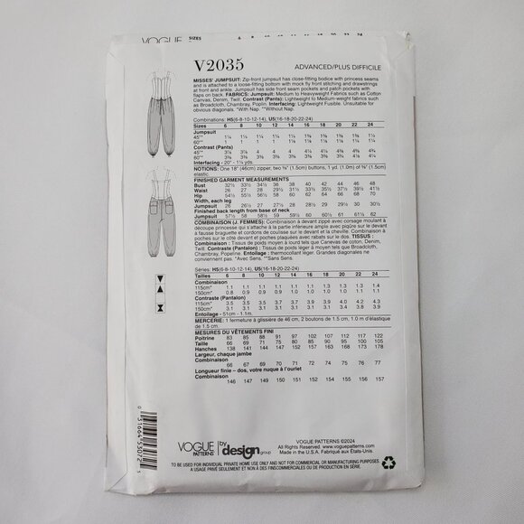Vogue V2035 Rachel Comey Designer Jumpsuit Sewing Pattern Misses Sizes 6-14 - Picture 5 of 7